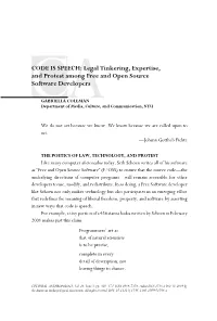 CACODE IS SPEECH: Legal Tinkering, Expertise, and Protest Among Free and Open Source Software Developers