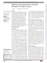 Multivalue Ethical Framework for Fair Global Allocation of a COVID-19