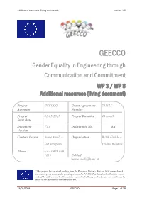 GEECCO Gender Equality in Engineering Through Communication and Commitment WP 3 / WP 8 Additional Resources (Living Document)