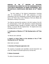 MINUTES of the 3Rd MEETING of NATIONAL IMPLEMENTATION COMMITTEE for the COMMEMORATION of 150TH BIRTH ANNIVERSARY of SWAMI VIVEKA