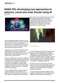 NASA FDL Developing New Approaches to Asteroid, Comet and Solar Threats Using AI 3 July 2017