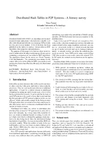 Distributed Hash Tables in P2P Systems - a Literary Survey