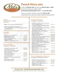 Pesach Menu 2021 Order by March 17Th and Pick up March 25Th Or 26Th by Noon