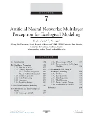 Artificial Neural Networks: Multilayer Perceptron for Ecological Modeling 7.1 Introduction