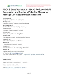 ABCC5 Gene Variant C.1146A&gt;G Reduces MRP5 Expression And