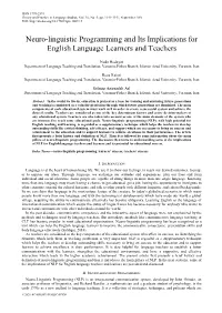 Neuro-Linguistic Programming and Its Implications for English Language Learners and Teachers