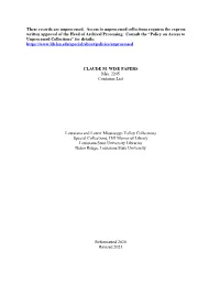 CLAUDE M. WISE PAPERS Mss
