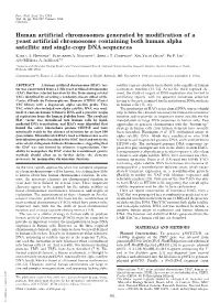 Human Artificial Chromosomes Generated by Modification of a Yeast Artificial Chromosome Containing Both Human Alpha Satellite and Single-Copy DNA Sequences