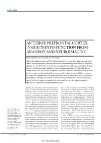 Anterior Prefrontal Cortex: Insights Into Function from Anatomy and Neuroimaging