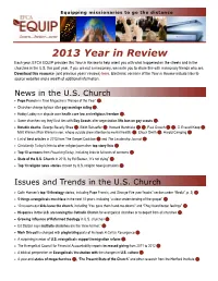 2013 Year in Review Each Year, EFCA EQUIP Provides This Year in Review to Help Orient You with What Happened on the Streets and in the Churches in the U.S
