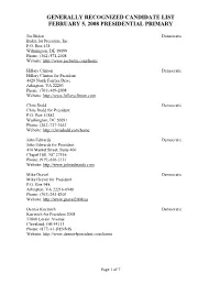 Generally Recognized Candidate List February 5, 2008 Presidential Primary