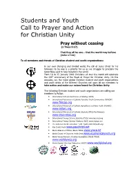 Students and Youth Call to Prayer and Action for Christian Unity
