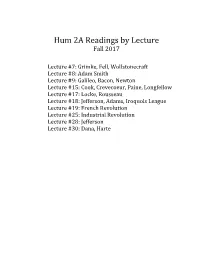 Hum 2A Readings by Lecture Fall 2017