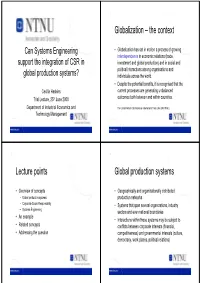Globalization – the Context Lecture Points Global Production Systems
