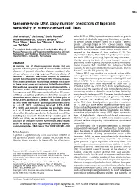 Genome-Wide DNA Copy Number Predictors of Lapatinib Sensitivity in Tumor-Derived Cell Lines