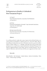 Prolegomena to Bentley's Unfinished New Testament Project