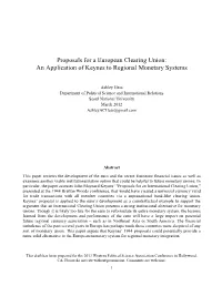 Proposals for a European Clearing Union: an Application of Keynes to Regional Monetary Systems