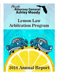 Lemon Law Arbitration Program 2018 Annual Report