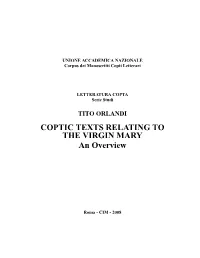 COPTIC TEXTS RELATING to the VIRGIN MARY an Overview