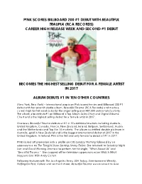 P!Nk Scores Billboard 200 #1 Debut with Beautiful Trauma (Rca Records) Career High Release Week and Second #1 Debut