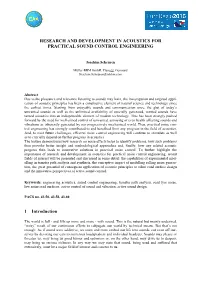 Research and Development in Acoustics for Practical Sound Control Engineering