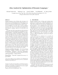 Alias Analysis for Optimization of Dynamic Languages ∗