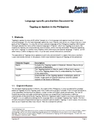 Language Specific Peculiarities Document for Tagalog As Spoken In