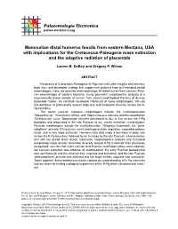 Mammalian Distal Humerus Fossils from Eastern Montana, USA with Implications for the Cretaceous-Paleogene Mass Extinction and the Adaptive Radiation of Placentals