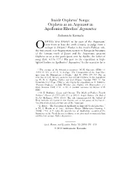 Orpheus As an Argonaut in Apollonius Rhodius' Argonautica