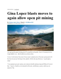Gina Lopez Blasts Moves to Again Allow Open Pit Mining