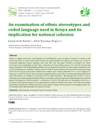An Examination of Ethnic Stereotypes and Coded Language Used in Kenya and Its Implication for National Cohesion