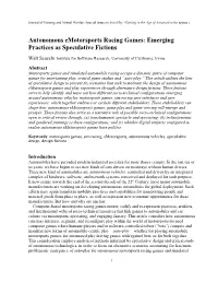 Autonomous Emotorsports Racing Games: Emerging Practices As Speculative Fictions
