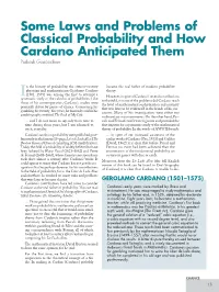 Some Laws and Problems of Classical Probability and How Cardano Anticipated Them Prakash Gorroochurn