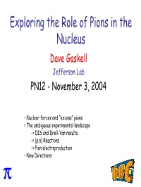 Exploring the Role of Pions in the Nucleus Dave Gaskell Jefferson Lab PN12 - November 3, 2004