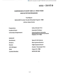 Comparison of Soviet and U.S. Space Food and Nutrition Programs
