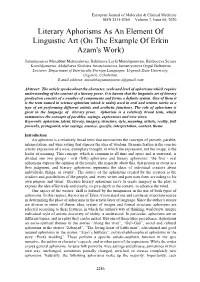 Literary Aphorisms As an Element of Linguistic Art (On the Example of Erkin Azam's Work)