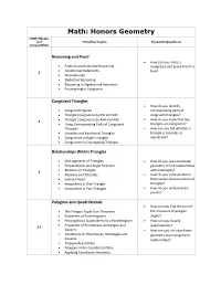 Math: Honors Geometry UNIT/Weeks (Not Timeline/Topics Essential Questions Consecutive)