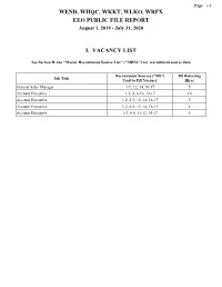 Wend, Whqc, Wkkt, Wlko, Wrfx Eeo Public File Report I. Vacancy List