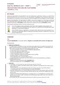 Digital Markets Act – Part I Obligations for Online Platforms Content Key Issues