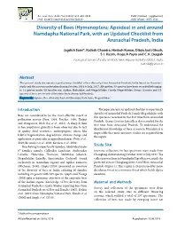 Diversity of Bees (Hymenoptera: Apoidea) in and Around Namdapha National Park, with an Updated Checklist from Arunachal Pradesh, India