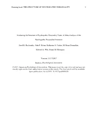 Running Head: the STRUCTURE of PSYCHOPATHIC PERSONALITY 1 Evaluating the Structure of Psychopathic Personality Traits: a Meta-An