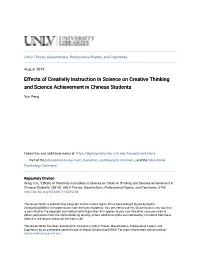 Effects of Creativity Instruction in Science on Creative Thinking and Science Achievement in Chinese Students