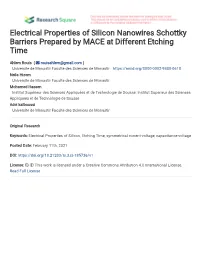 Electrical Properties of Silicon Nanowires Schottky Barriers Prepared by MACE at Different Etching Time