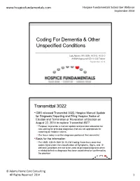 Coding for Dementia & Other Unspecified Conditions