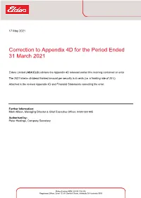 Correction to Appendix 4D for the Period Ended 31 March 2021