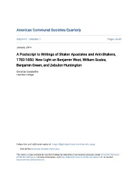 A Postscript to Writings of Shaker Apostates and Anti-Shakers, 1782-1850: New Light on Benjamin West, William Scales, Benjamin Green, and Zebulon Huntington