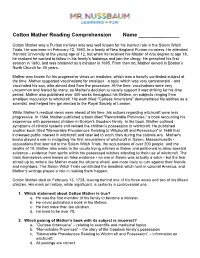 Cotton Mather Reading Comprehension Name ______