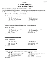 18-0627-EX1 TRANSFER of FUNDS Various Units and Objects