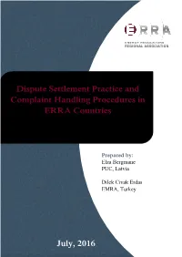 Dispute Settlement Practice and Complaint Handling Procedures in ERRA Countries