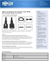 Specifications USB-C to Lightning Sync/Charge Cable